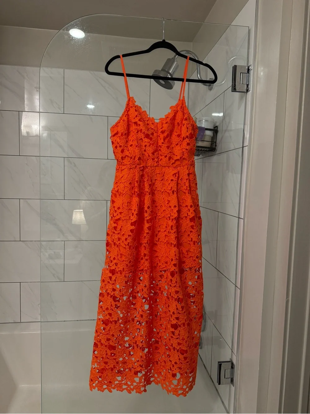 Vici Bright Orange Lace Midi Dress with Spaghetti Straps - Picture 1 of 4